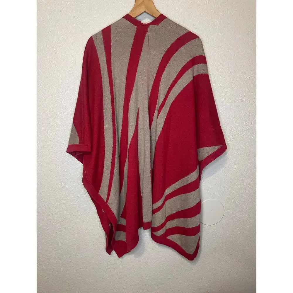 Chico's Boho Red & Beige Geometric Print Cozy Knit Kimono Shawl One Size